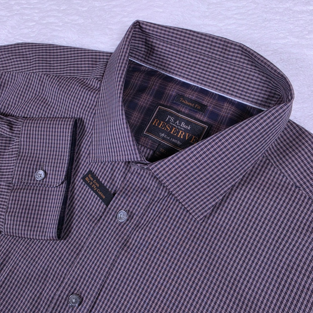 NEW Jos A Bank Reserve Tailored Fit Mens 2XLT Purple Beige Cotton Check Shirt